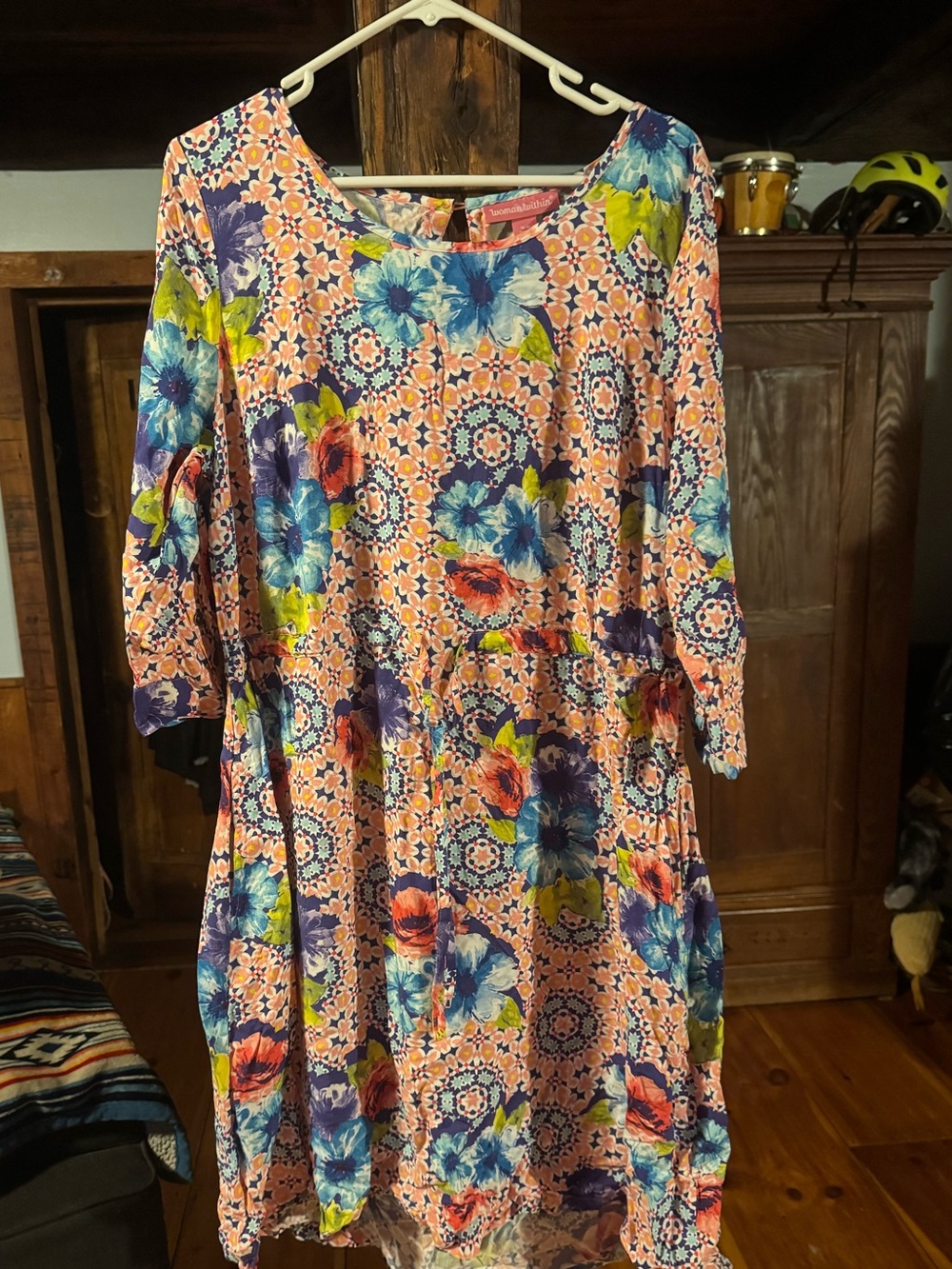 Floral Print Peasant Dress in Coral and Multicolor